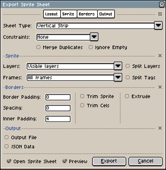 Aseprite Export menu